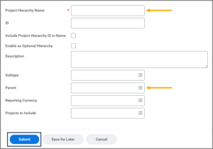 The Create Project Hierarchy page emphasizing the project hierarchy name and parent fields