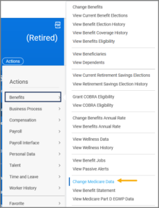 employee profile screen showing navigation from actions to benefits menu to change medicare data link