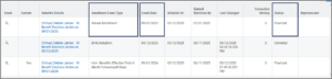 benefit election history with boxes around the columns enrollment event type, event date, and status