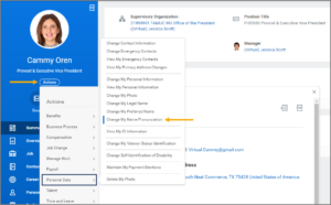 The worker profile of an example employee. The actions button is selected, displaying the Personal Data submenu and the link to Change My Name Pronunciation.