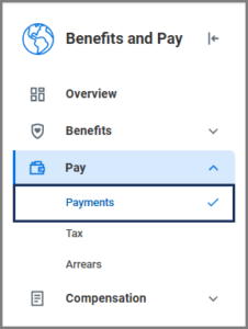 benefits and pay hub menu with a box around payments
