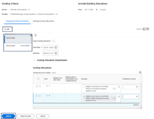 assign costing allocation page with multiple cost sets displayed. the cost set list first has a start date but no end date and the second cost set has a start date and end date that ends prior to the beginning of the first cost set.