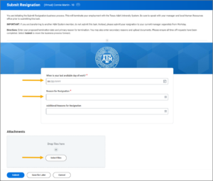 The submit resignation page displaying the last date of work field, reason for resignation field, and additional reasons for resignation field, along with the submit button at the bottom of the page.