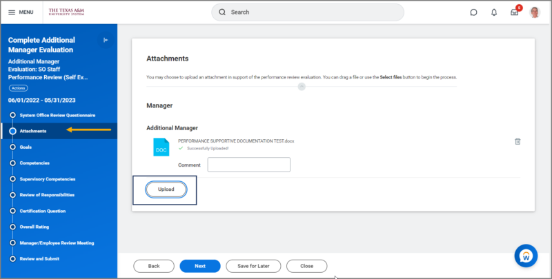 detailed view of the attachment UPLOAD section. 