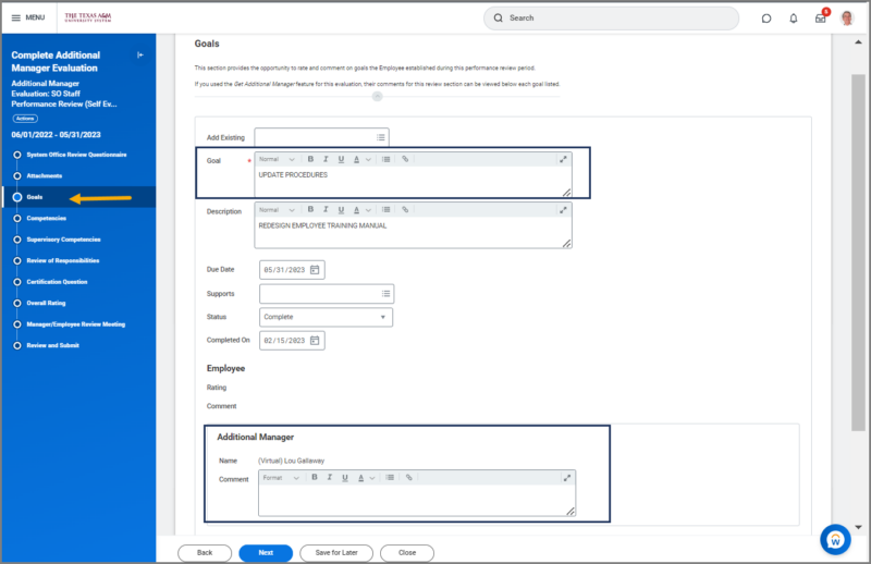 detailed view of the goals section. 