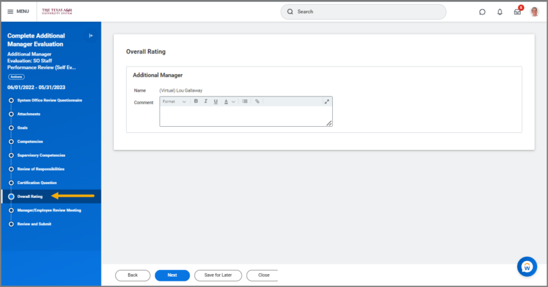 Additional Manager Evaluation comment field highlighted for emphasis