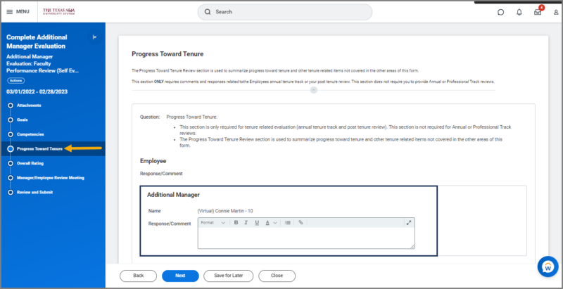 progress toward tenure section with the additional manager section highlighted and the section where the employee entered their response highlighted