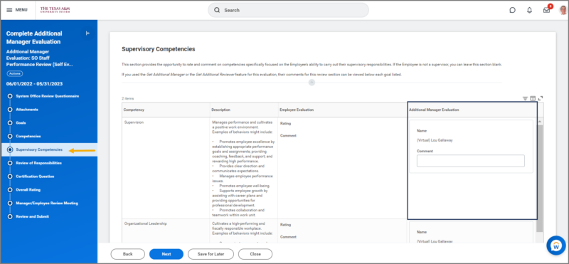 detailed view of the supervisory competencies section. 