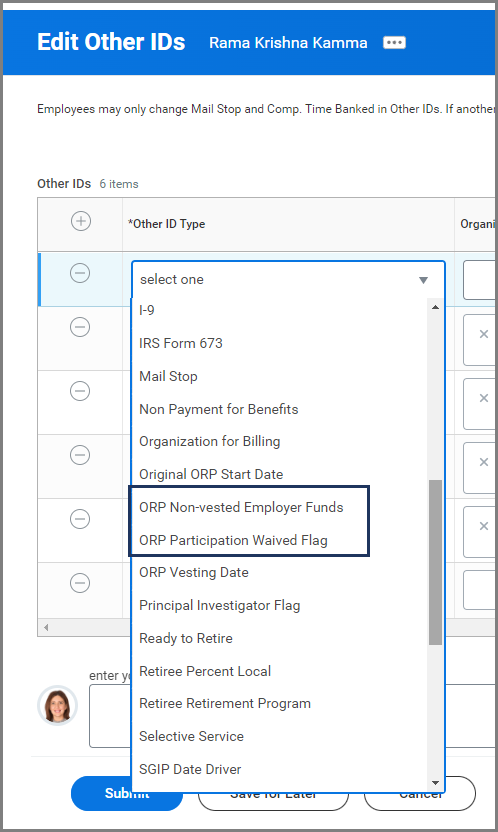 Image of box around ORP Non-vested Employee Funds and ORP Participation Waived Flag in Edit Other IDs.