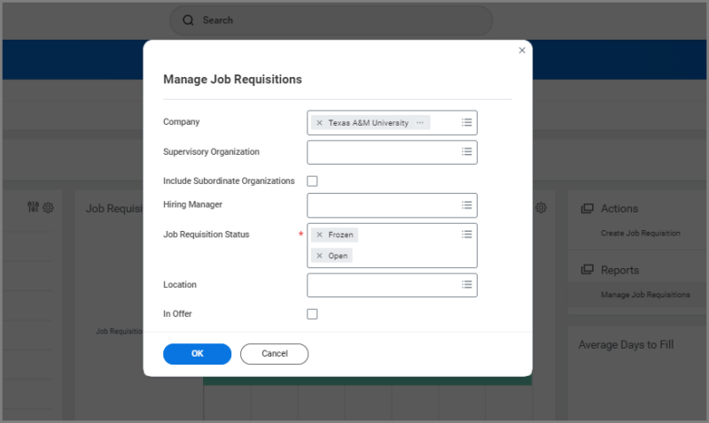 The Manage Job Requisitions window, highlighting the company and job requisition status fields