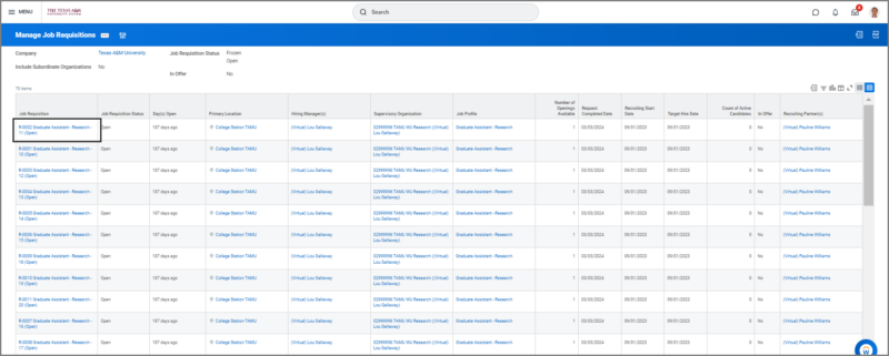 A sample job requisition appearing under the job requisition column