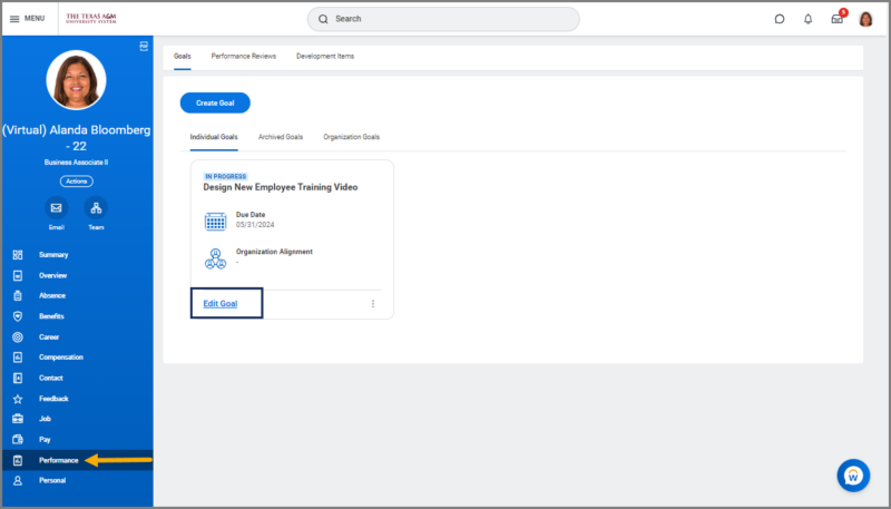 Individual Goals page with goals entered and edit button highlighted