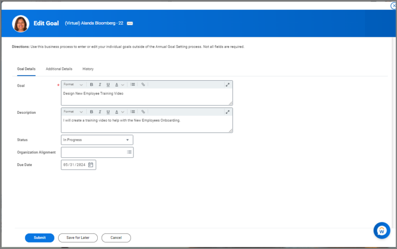 The Edit Goal page showing the goal and description fields