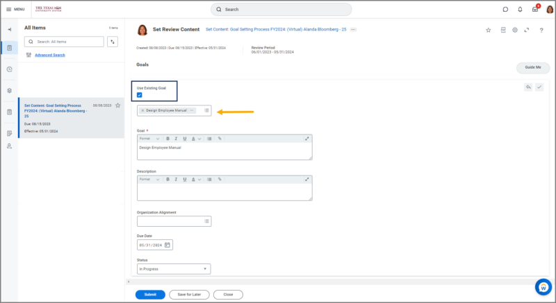 The Use Existing Goal checkbox and the corresponding field to enter one