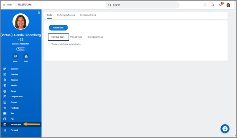 Performance page with Individual Goals tab selected, page empty with no goals entered and edit button highlighted