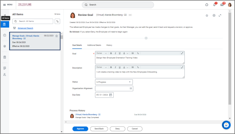 Review Goals To Do Received by the employee