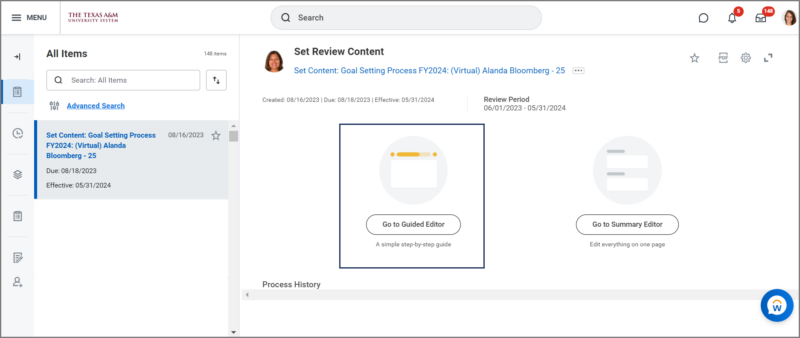 The Set Review Content inbox item. Two buttons are presented: go to guided editor (which is emphasized) and go to summary editor.