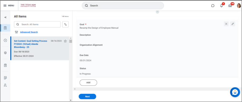The goals section displaying an example goal that was added