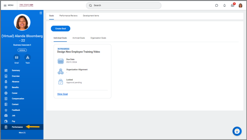 Individual goals page with one goal in focus showing a status of pending approval