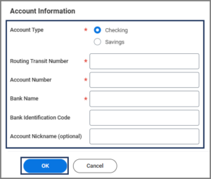 Account information fields including routing transit number, bank name, account type and account number