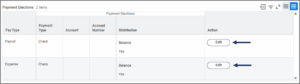 The Payment Elections Table with the edit button emphasized for both the payroll and expense rows