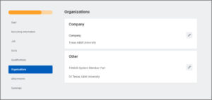 Organizations section of the job requisition with TAMU Texas A&M University selected as the company.