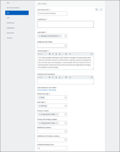 Job section of the Guided tour with the available fields in this section shown such as Job Posting Title, Job Profile, Worker Sub Type and Time Type which are also marked as required. Other fields displayed as well.