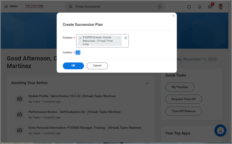 Select the position for the Succession plan and select confirm