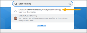 the search bar with the name of a manager entered and their corresponding suporg displayed in the search results