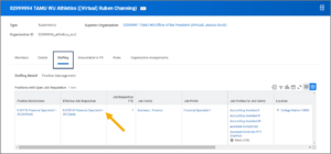 the suporg page for a manager displaying a job requisition under the staffing tab