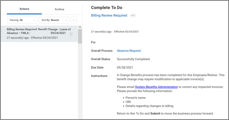 view of to do: billing review required for benefit change - leave of absence - FMLA
