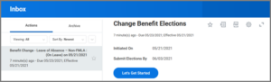FMLA received by the Employee Inbox task for Change Benefit Elections Leave of Absence - Non FMLA received by the Employee