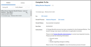 view of to do: billing review required for benefit change - leave of absence - non-FMLA view of to do: billing review