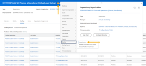 The Related Actions menu from an example sup org highlighting the staffing sub-menu