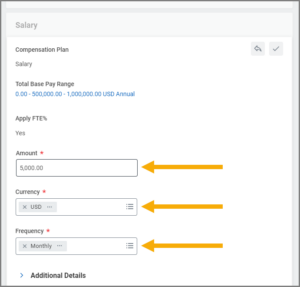 The Salary Section displaying the amount, currency, and frequency fields