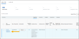 The requisition page displaying the name of an example job applicant