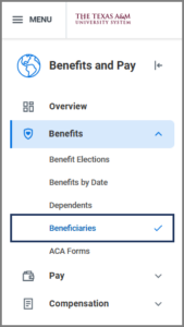 hub menu with beneficiaries selected