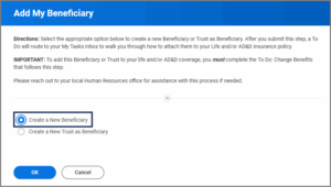 Add my Benficiary screen listing options to select Create a New Beneficiary or Create a New Trust as Beneficiary