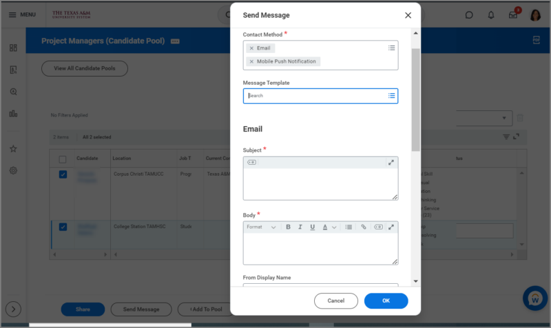 Send messages to Candidates