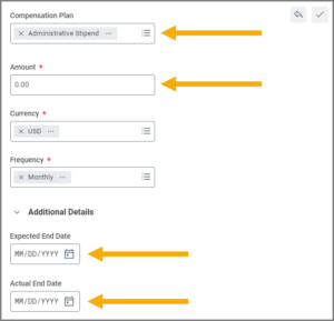 the compensation plan section displaying various fields for allowance such as compensation plan, amount, expected end date and actual end date