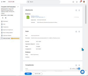 review and submit page will display any attachments you uploaded during the evaluation as well as all of your entries