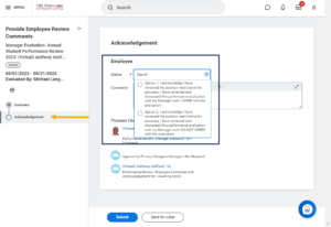 page of entering status of acknowledgement section