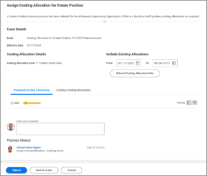 Assign costing allocation for Create position action item in the inbox and with the add option highlighted