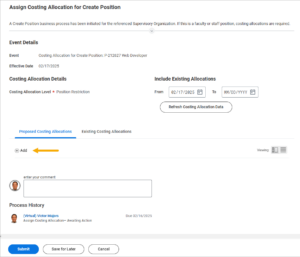 Assign costing allocation for Create position action item in the inbox and with the add option highlighted