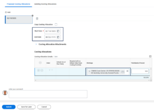 Assign costing allocation page with start date, end date and worktags fields highlighted for emphasis. End date is optional if only one cost set is needed