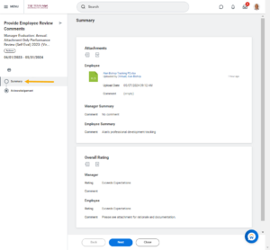Page that provides a summary of the performance review