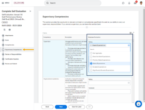 supervisory competencies page with rating and comment fields allow you to provide feedback on your competency as a supervisor