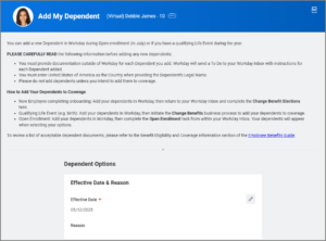 Dependent Options section displaying effective date and reason fields