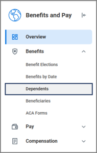 benefits and pay hub menu with a box around dependents