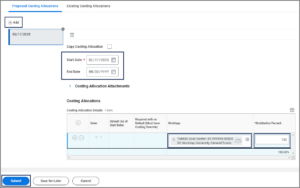 Add costing allocation section, highlighting the fields for Start Date, End Date (optional), Worktags and Distribution percent